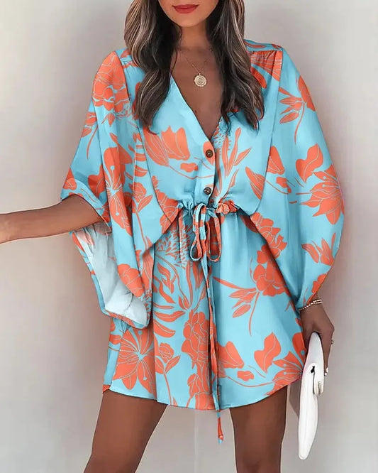Chic Summer V-Neck Lace-Up Print Beach Dress - Stylish Mini Dress for Women