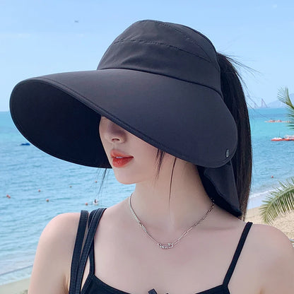 Women's Summer Hat for The Sun Wide Brim UV Neck Protection Solar Beach Bucket Hats Foldable Ponytail Travel Panama Caps Female