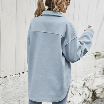 Turn-down Collar Single Breasted Solid Woolen Loose Jacket Pockets Long Sleeve Coat Casual Women Clothing Autumn Winter Warm New
