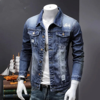 Autumn New Men's Denim Jacket Korean Style Trendy Slim Fit Embroidered Jacket For Men Fashionable Versatile Siouette Shaping
