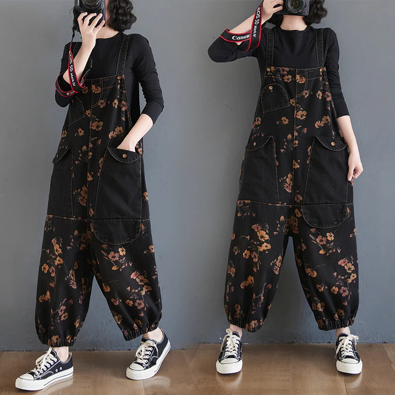 Vintage Floral Denim Jumpsuit for Women - Wide Leg Baggy Straps Cargo Pants