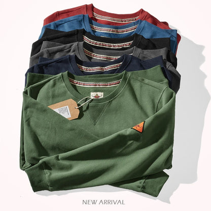 Round neck hoodless sweater for men 300g plush cotton solid color simple long sleeve spring and autumn Pullover Sports Top