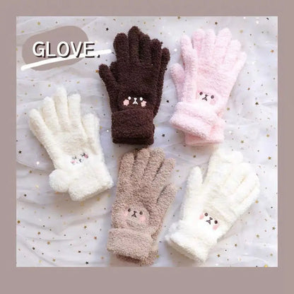 Winter Plush Cute Girl Gloves Warm Finger Gloves Embroidery Blush Bear Wool Mittens Student Cold Outdoor Cycling Gloves