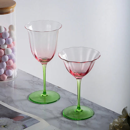 Light Luxury Retro Flower Home Wine Glasses Champagne Cup Set Crystal Goblet Glass Ribbed Pink Green Cocktail Glass Martini Cup
