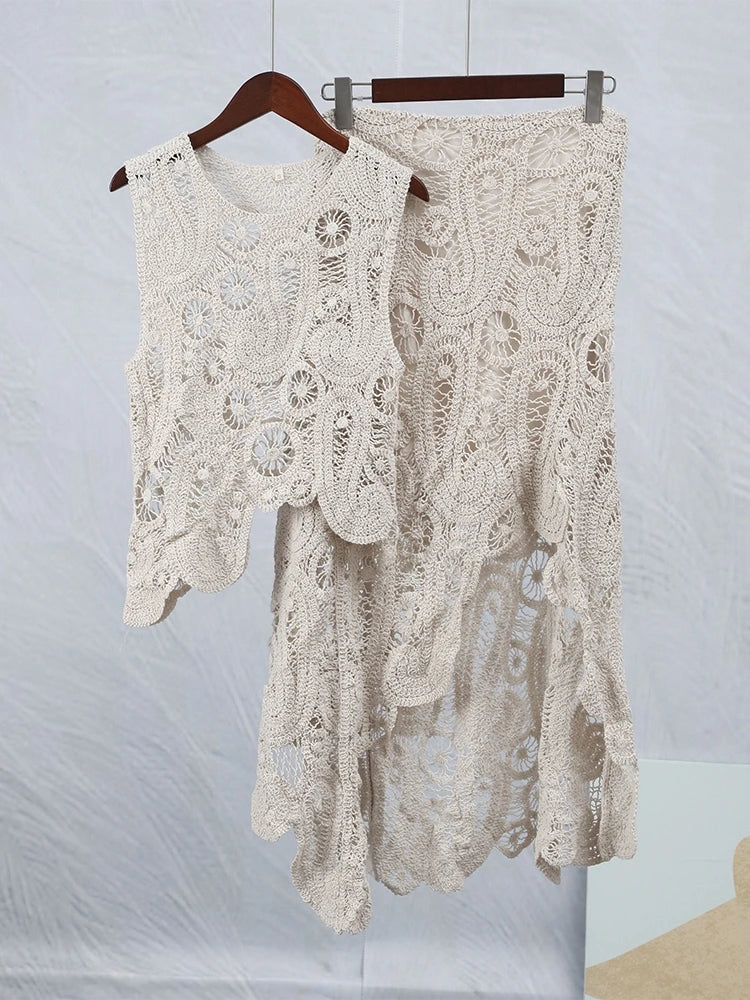 Crochet Knitted Asymmetric Women's Dress Set Chic O-neck Sleeveless Top Short Lining Skirt Suit 2023 Fashion Fairy Sweet Outfits