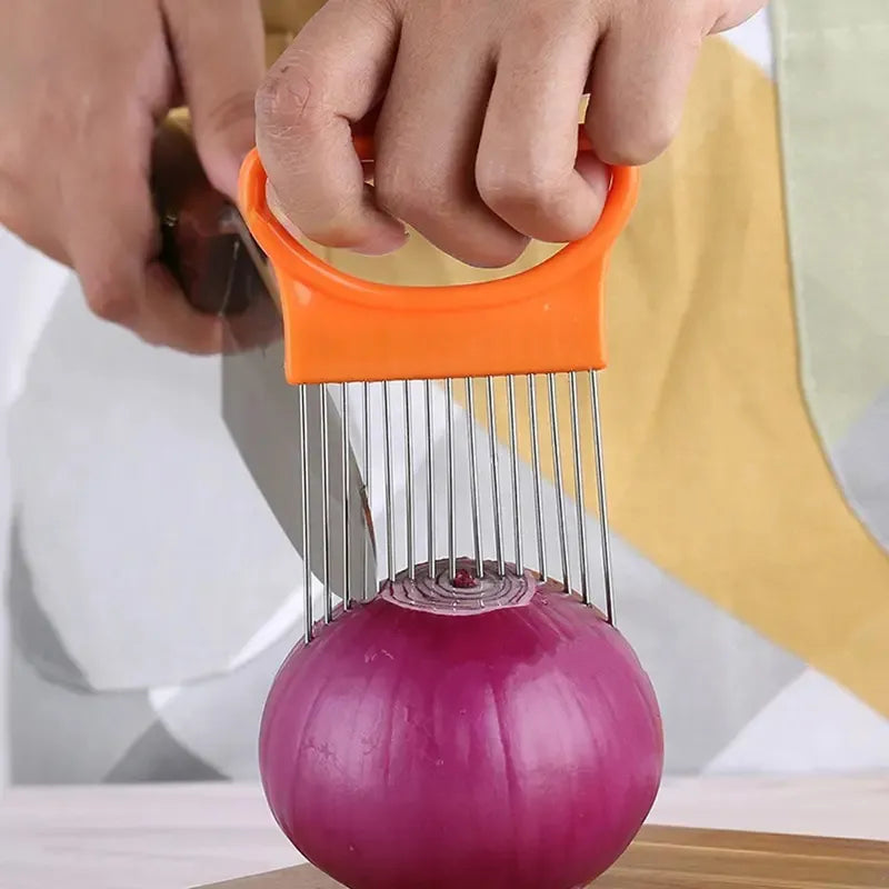 Multi-Color Stainless Steel Onion Holder for Precision Slicing - Kitchen Gadget for Easy Chopping Assistance