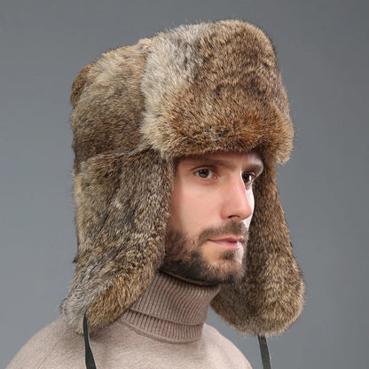 Fashion Thick Warm Bomber Hat Men Real Rabbit Fur Earflap Trapper Russian Cap Male Plus Size Winter Hats for Men Ski Russian Hat