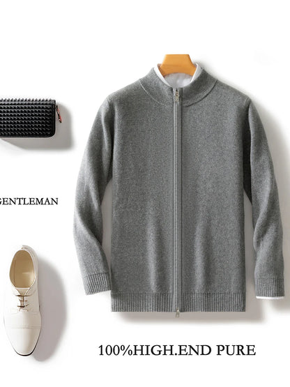 100% Wool Men's Cardigan Half High Neck Zipper Thick Sweater Autumn And Winter Solid Color Cashmere Knit Sweater High-End Jacket