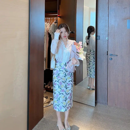 2024 Women Spring Summer New Flower Print Long Clothes Female New High Waist Jacquard Skirt Ladies Mid-length Slim Skirts O782