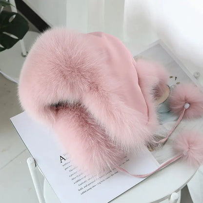 2024 100% Real Fox Fur Hats Women's Russian Ushanka Aviator Trapper Snow Skiing Hat Caps Earflap Winter Raccoon Fur Bomber Hat