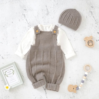 Chic Sleeveless Knitted Newborn Baby Romper & Hat Set - Fashionable Infant Strap Jumpsuits for Boys & Girls