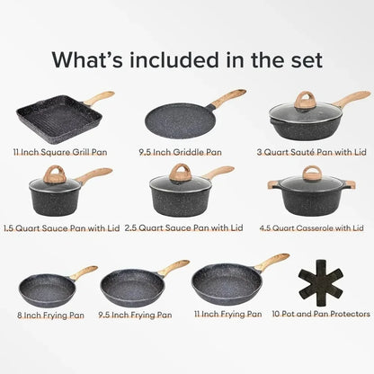23 Pieces, Healthy Kitchen Cookware Set, Induction Cooking Set, Gray Granite Stone Frying Pan, Cookware Set