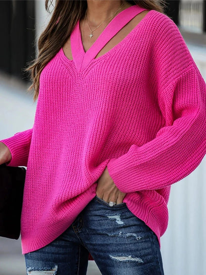 Boho V-Neck Pullover Sweater for Women - Casual Knitwear for Winter
