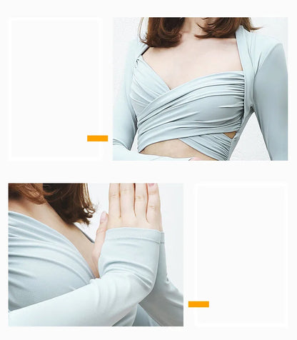 Sexy Front Cross Yoga Shrits With Chest Pads&Thumb Hole Sports Long Sleeve T-Shirts Crop Tops Female Fitness Slim Fit Blouse