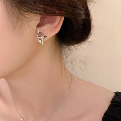2023 Fashion Silver Color Cross Star Zircon Stud Earrings for Women Girl Korean Four-Pointed Star Personality Earring Jewellery