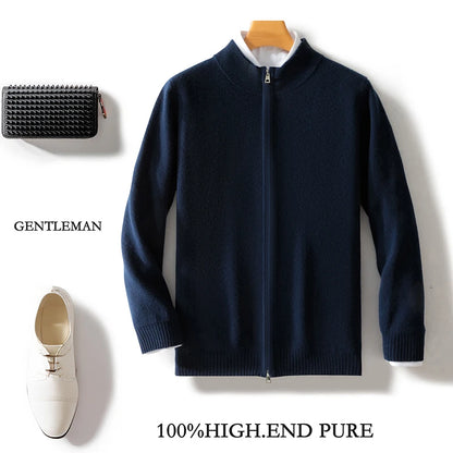 100% Wool Men's Cardigan Half High Neck Zipper Thick Sweater Autumn And Winter Solid Color Cashmere Knit Sweater High-End Jacket