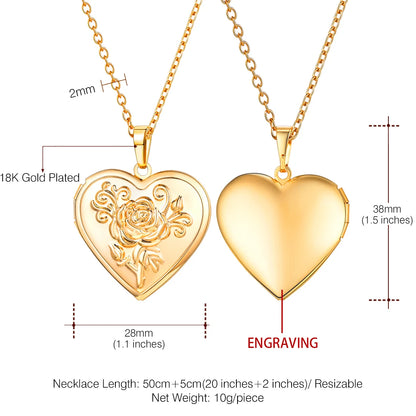 U7 Openable Heart Locket Necklace Photo Frame Memory Romantic Love Embossed Rose Flower Pendant for Women Best Mother's Day Gift