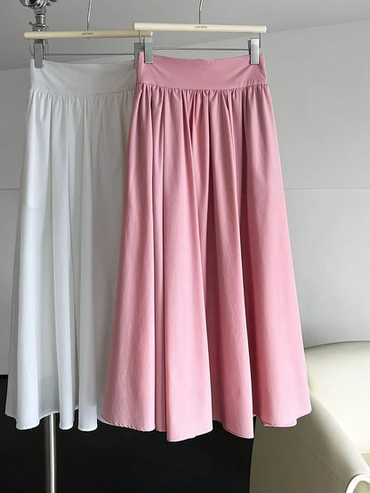 Elegant Women Pleated White Pockets Long Skirts Office Ladies Casual Loose High Waist Midi Skirt 2024 Spring Summer SK20