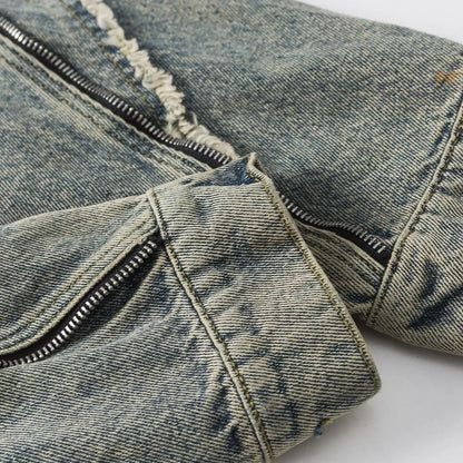 New Spring Autumn Vintage Loose Fit Yellow Mud Distressed Stand Collar Denim Jacket Men Casual Zipper Top Trendy