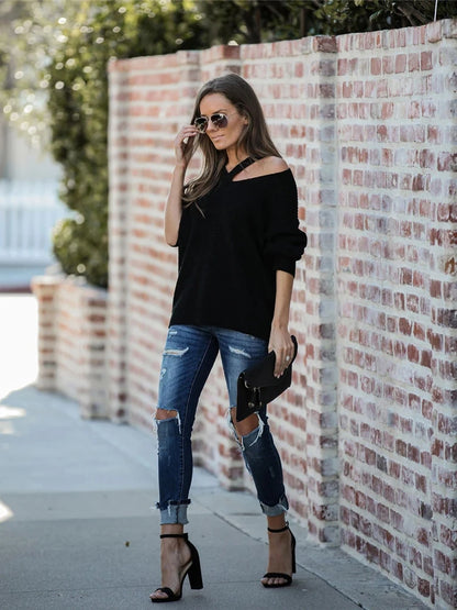 Boho V-Neck Pullover Sweater for Women - Casual Knitwear for Winter