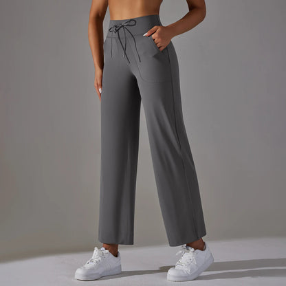 Women Leggings Wide Leg Flare Pants With Pockets Drawstring Sports Trousers High Waist Flared Yoga Leggings Fitness Running Jogg