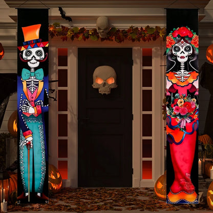 Halloween Day of The Dead Porch Sign Door Banner Welcome Hanging Flag Party Supplies Decoration Halloween Background Wall Decor