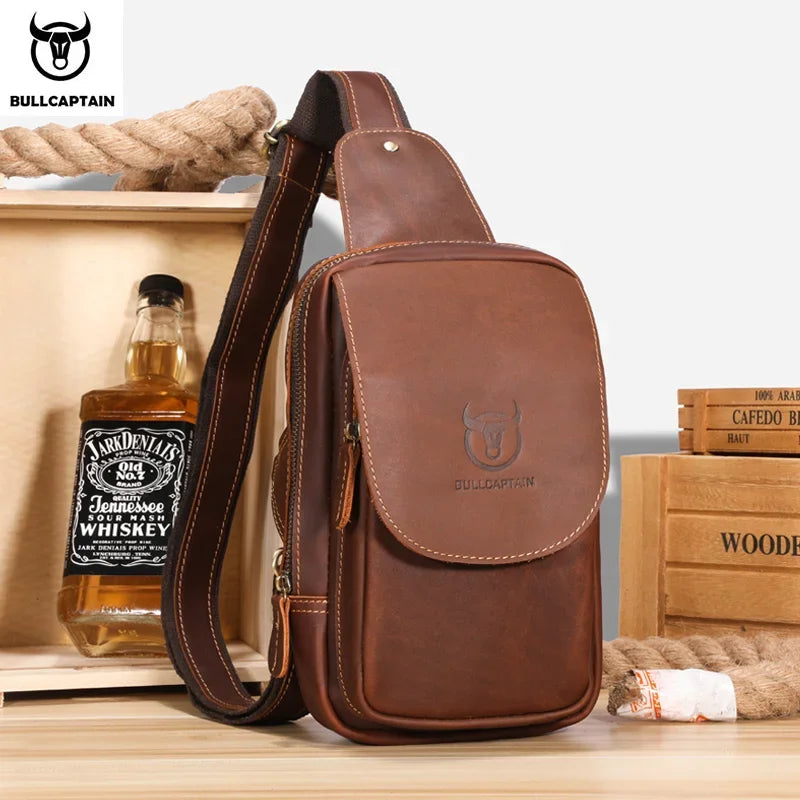 BULLCAPTAIN Men's Crossbody Bags Crazy Horse Leather Chest Bag's Leath ...