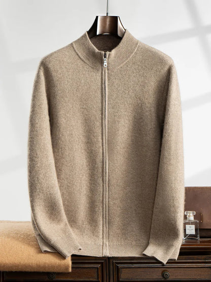 Autumn Winter 100% Pure Goat Cashmere Zipper Cardigan Men's Semi-Turtleneck Knit Coat Casual Thicken Jacket High-End Loose Tops
