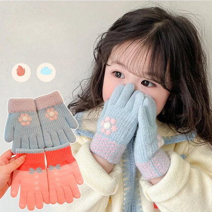 2023 New Girls Winter Knitting Flower Bow Printing Plush Soft Five Finger Gloves Children Outdoor Warm Gloves Kids Colors Gloves