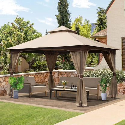 10'x13' Gazebo, Outdoor Gazebo with Mosquito Netting, Metal Frame Double Roof Soft Top Patio Gazebo Canopy Tent for Deck