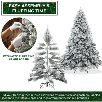 Christmas Tree 9FT Realistic Snow-Flocked Pine Artificial Holiday Christmas Tree with Sturdy Metal Stand, 45-60 minutes to shape