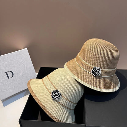 Summer French Style Sunscreen Hat Women's Retro Straw Braid Fisherman Basin Hat Outdoor Sun Shield Hat Panama Color Matching Cap