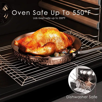 Pots and Pans Set, Tri-Ply Stainless Steel Hammered Kitchen Cookware, Induction Compatible, Dishwasher and Oven Safe