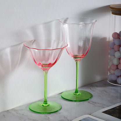 Light Luxury Retro Flower Home Wine Glasses Champagne Cup Set Crystal Goblet Glass Ribbed Pink Green Cocktail Glass Martini Cup