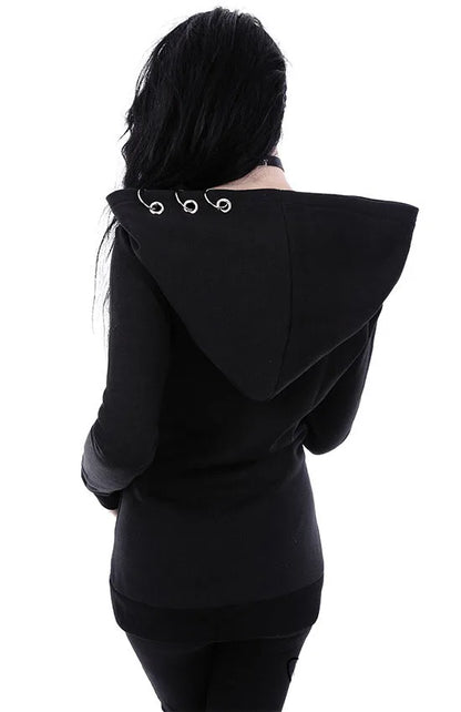 New Arrived Gothic Hooded Coats Black Grommets O-ring Zip Up Pocket Outwears Tops Spring Autumn Wide-waisted Jacket