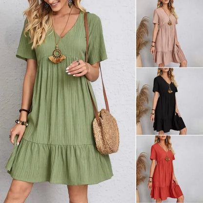 Elegant Solid V-Neck Boho Dress - Summer Ruffles A-Line Mini Dress for Women, Casual Short Sleeve Party Vintage Dress