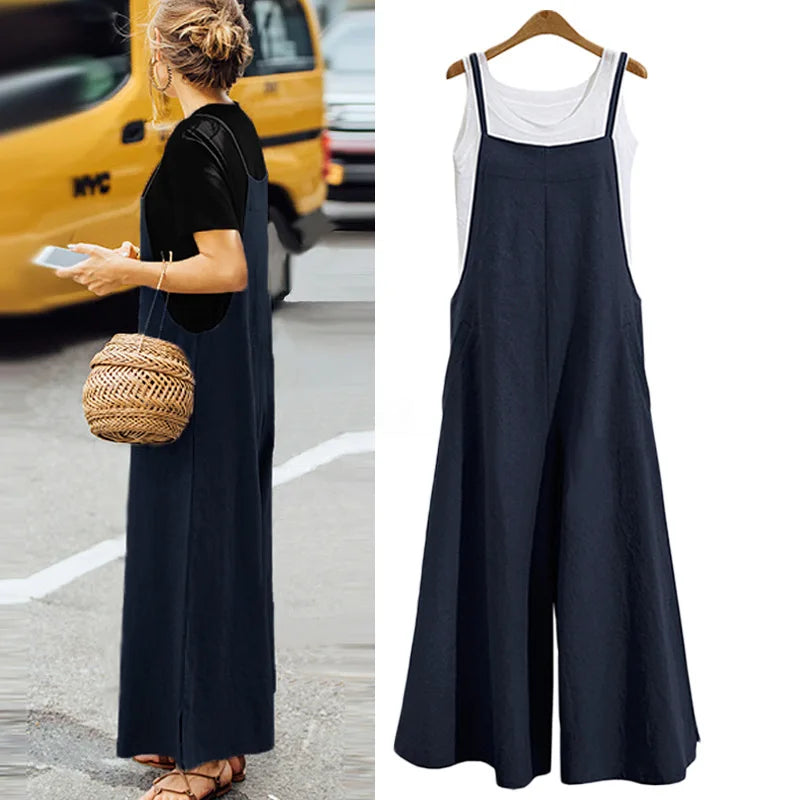 Chic Summer Cotton Linen Jumpsuit - Casual Wide Leg Overalls