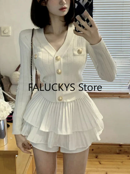 Elegant Dress 2 Piece Skirt Set Office Lady Casual French Knitted Top + Women Party Sexy Mini Skirt Korean Fashion Autumn 2023