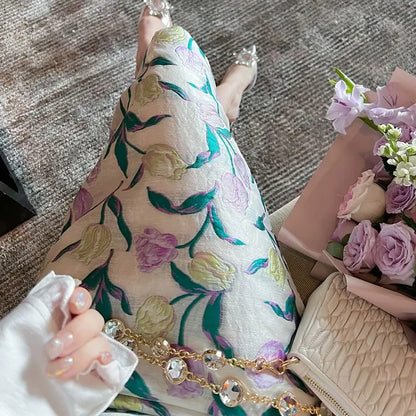 2024 Women Spring Summer New Flower Print Long Clothes Female New High Waist Jacquard Skirt Ladies Mid-length Slim Skirts O782