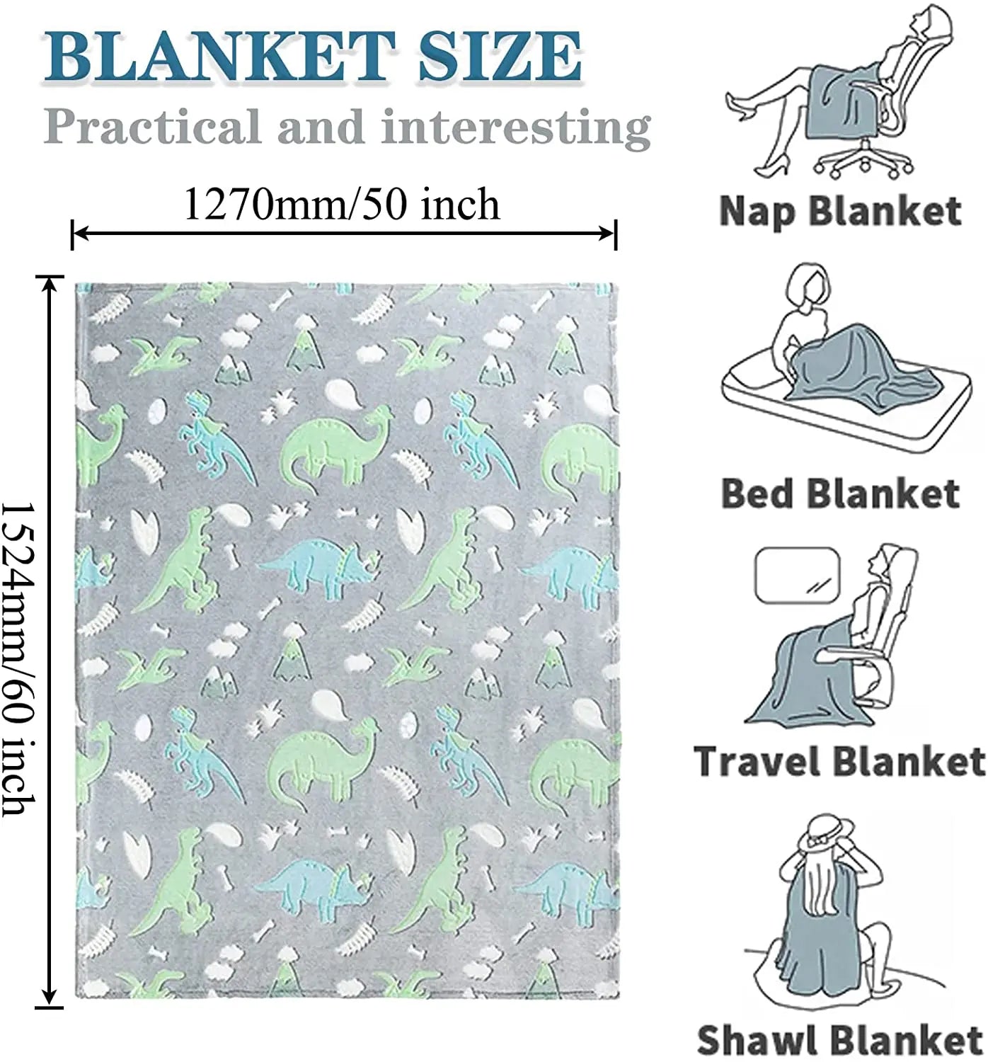 Luminous Unicorn Dinosaur Throw Blanket for Girls Boys Plush Flannel Blanket Christmas Tree Glow in the Dark Super Soft