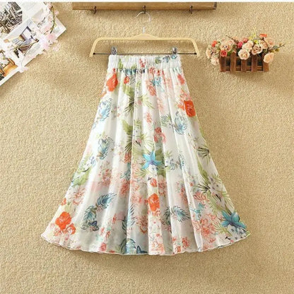 Women Skirt Summer Retro Fashion Beach Harajuku Blue Ink Painting Series Flowers Midskirt Lacing Elastic Waist Female Skirts