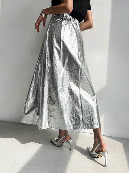 2Colors Women Summer Autumn Pleated Long Skirts For Womens Elastic High Waist Vintage Silver Skirt Female(w10051)