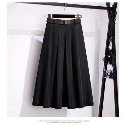 2024Women's Spring and Autumn New Fashion Simple Solid Color Belt Casual Versatile A-line High Waist Mid Length Half Skirt