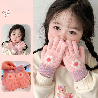 2023 New Girls Winter Knitting Flower Bow Printing Plush Soft Five Finger Gloves Children Outdoor Warm Gloves Kids Colors Gloves