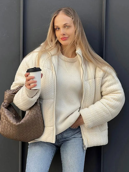 Casual Knitted Women Warm Short Jacket Fashion High Neck Zipper Full Sleeve Female Coat 2024 Winter New Solid Lady Cummuter Tops