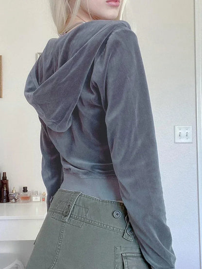 Women Velvet Zip Up Cropped Hoodies Solid Long Sleeve Hooded Jacket with Pocket Y2k Vintage Velour Sweatshirt for Teen Girls