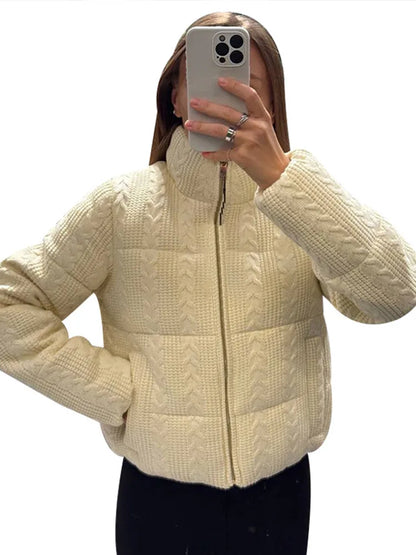 Casual Knitted Women Warm Short Jacket Fashion High Neck Zipper Full Sleeve Female Coat 2024 Winter New Solid Lady Cummuter Tops