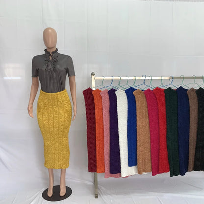 2024 Spring Summer Women New Type Knitted Long Muslim Fashion High Waist Pastel Midi Plus Size Casual Pencil Skirts 202048#