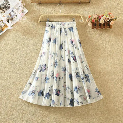 Women Skirt Summer Retro Fashion Beach Harajuku Blue Ink Painting Series Flowers Midskirt Lacing Elastic Waist Female Skirts
