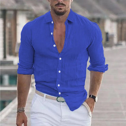 Elegant men's solid color cotton linen long sleeve shirt lapel fashion casual loose soft breathable cotton linen clothing